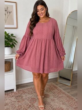 VIBE SPORTSWEAR Eyelet Dress Dusty Pink Long Sleeve Size 2X Plus